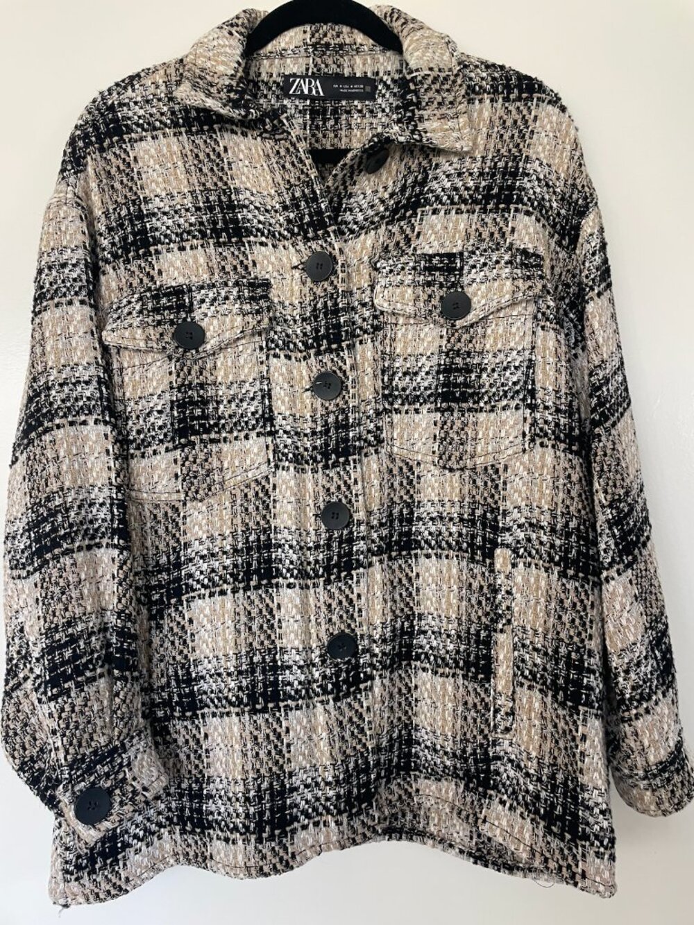 Zara plaid shacket in textured black and tan beige tweed finish